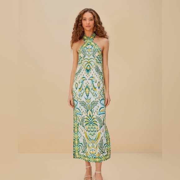 FARM RIO TROPICAL TAPESTRY OFF-WHITE HALTER NECK MAXI DRESS XXSMALL $248